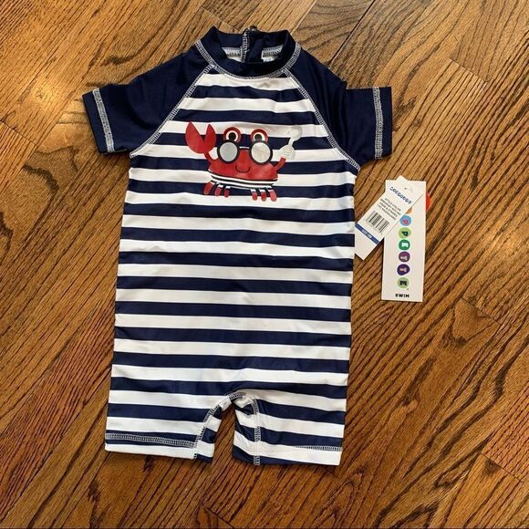 NWT New WIPPETTE Rashguard One Piece Swimsuit Pirate Crab Navy White Stripes 18m - Picture 2 of 6